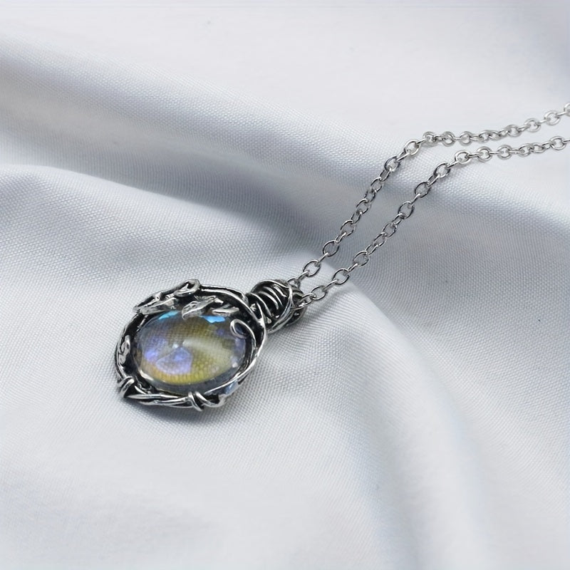 Vintage-Inspired Blue Moonstone Leaf-Shaped Pendant Necklace - Adjustable Leather Rope Chain, Hypoallergenic, Nickel-Free, Ideal Father's Day Gift, Unique Accessory for Men, Birthday Present, Anniversary Gift