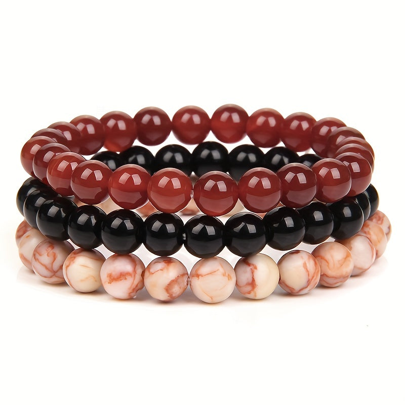 3pcs 8mm Natural Stone Beads Men's & Women's Bracelet: Rose Quartz & Agate Combination