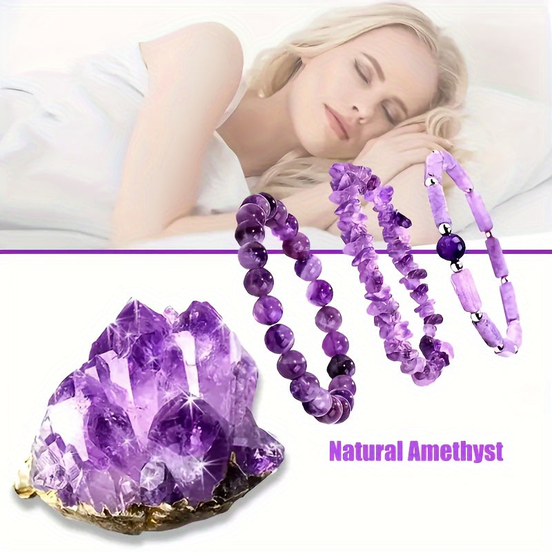 3-Piece Set Natural Amethyst Healing Crystal Bracelet Set, Energy Stone Women's Bangle, Holiday Gift For Girlfriend And Mom