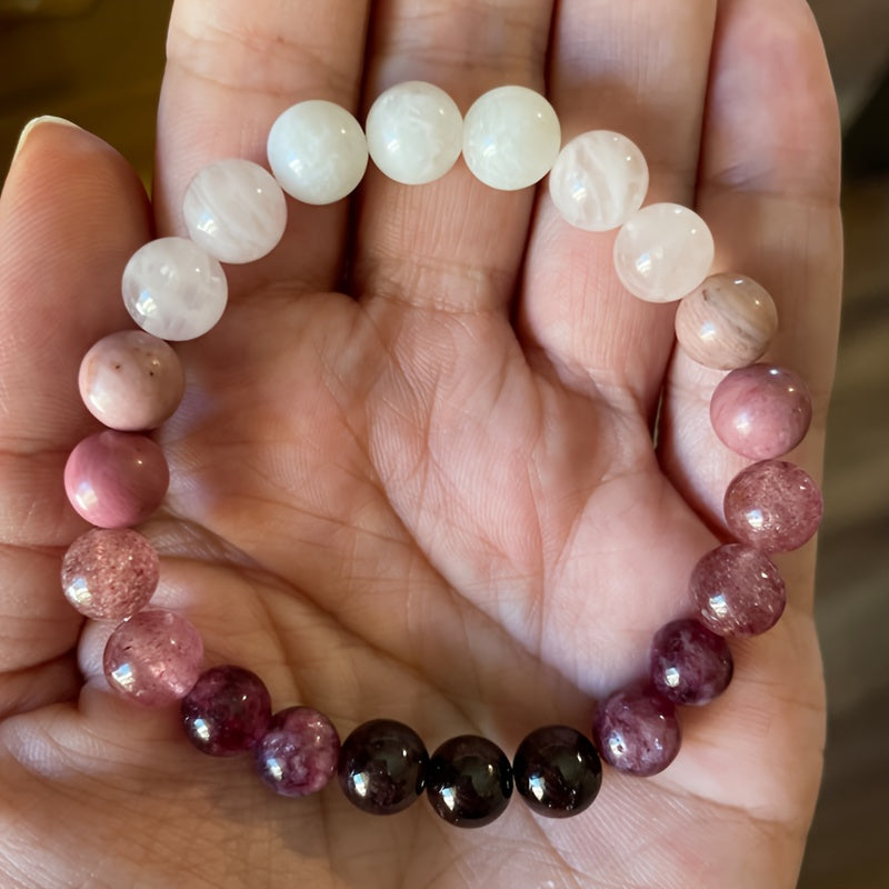 Exquisite Rose Quartz, Rhodonite, and Moonstone Gemstone Triple Wrap Bracelet for Women - Handcrafted Jewelry Gift for Her, Anniversary, Birthday, or Mother's Day - Adjustable, Comfortable, and Stylish Accessory