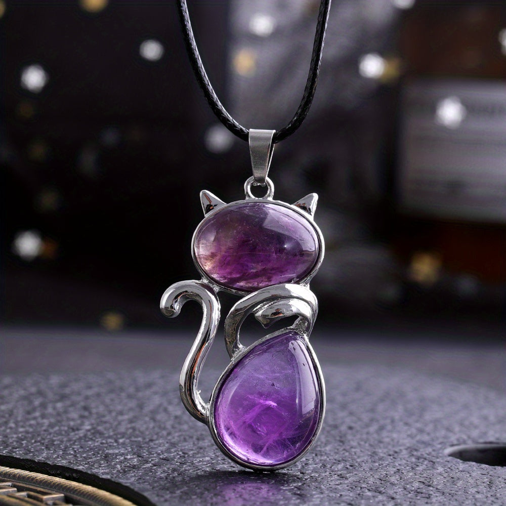 1pc Exquisite Artificial Crystal Stone Cat-Shaped Pendant Necklace, Fashion Jewelry Chain Accessory