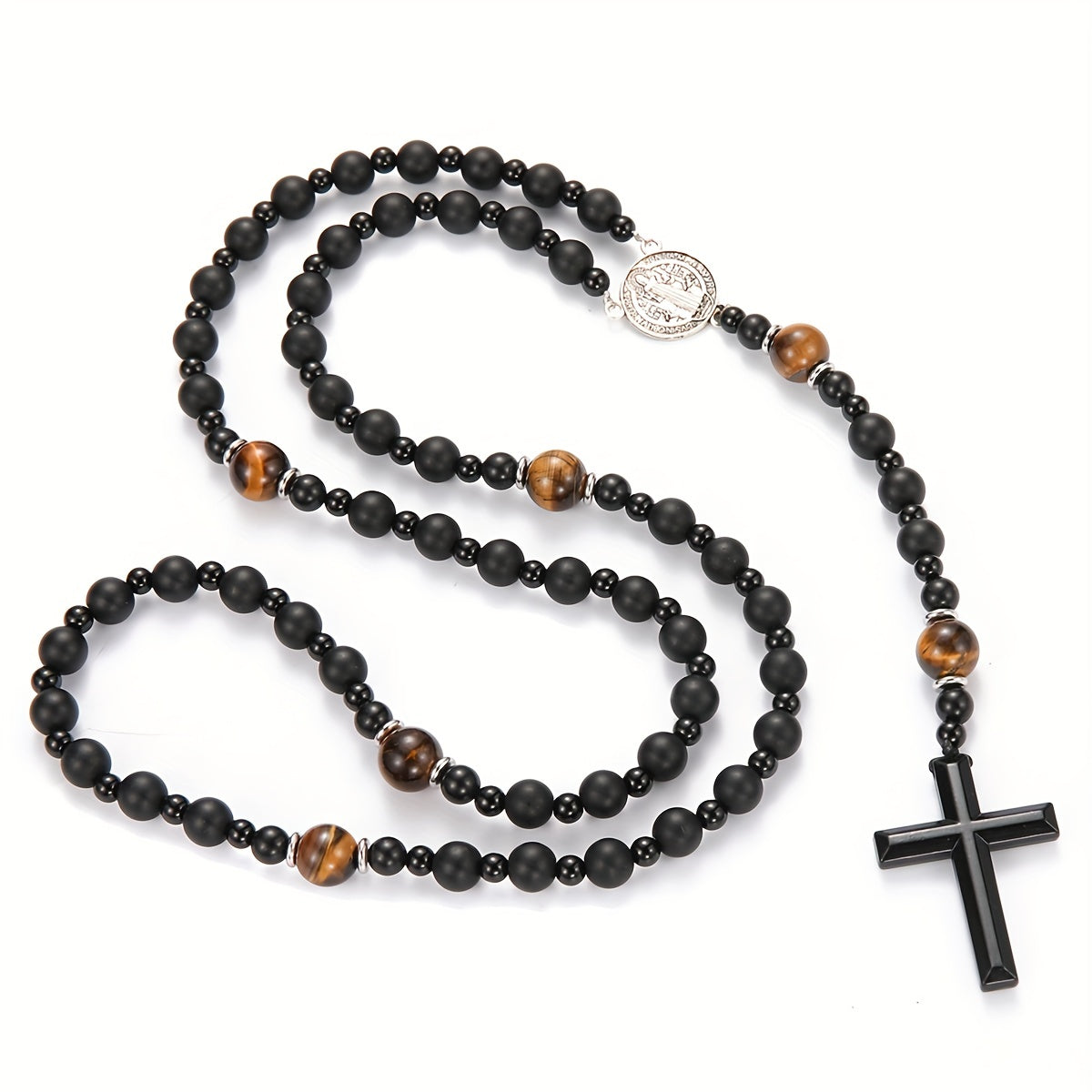 1pc Natural Volcanic Rock Black Agate & Tiger Eye Tag Cross Pendant Rosary Necklace for Men & Women