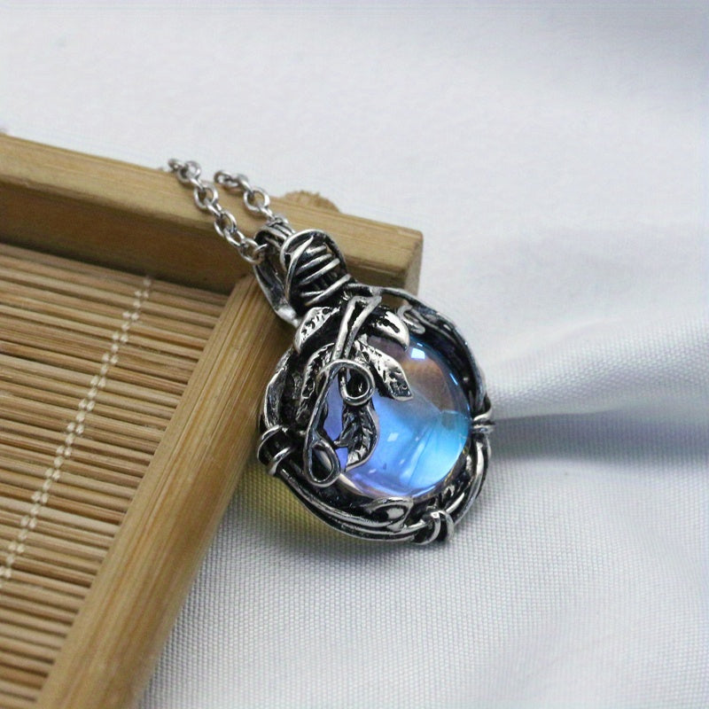 Vintage-Inspired Blue Moonstone Leaf-Shaped Pendant Necklace - Adjustable Leather Rope Chain, Hypoallergenic, Nickel-Free, Ideal Father's Day Gift, Unique Accessory for Men, Birthday Present, Anniversary Gift