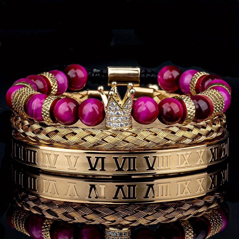 3pcs Roman Royal Crown Charm Men Bracelet, Stainless Steel Tiger's Eye Stone Geometry Open Adjustable Bracelets Couple Jewelry