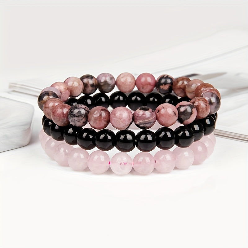 3pcs 8mm Natural Stone Beads Men's & Women's Bracelet: Rose Quartz & Agate Combination