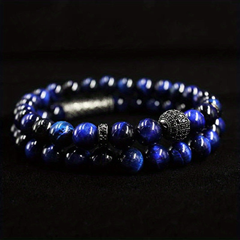 2pcs/set Trendy 8mm Tiger Eye Stone Round Beads Elastic Yoga Bracelet For Men, Holiday Birthday Gift For Boyfriends, Father's Day Gift