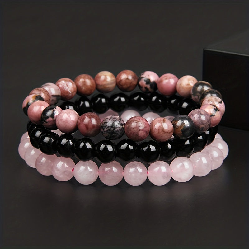 3pcs 8mm Natural Stone Beads Men's & Women's Bracelet: Rose Quartz & Agate Combination