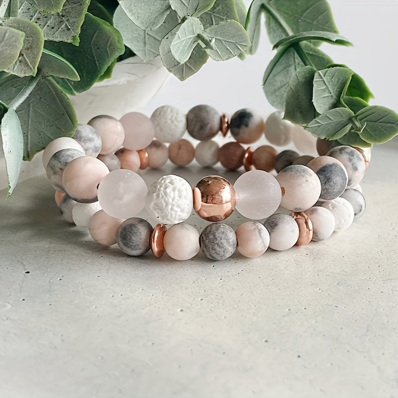 1pc Charm Jasper And Rose Gemstone Beaded Bracelet, Rose Quartz Crystal Jewelry Bracelets For Men Women Essential Oil Diffuser Bracelet