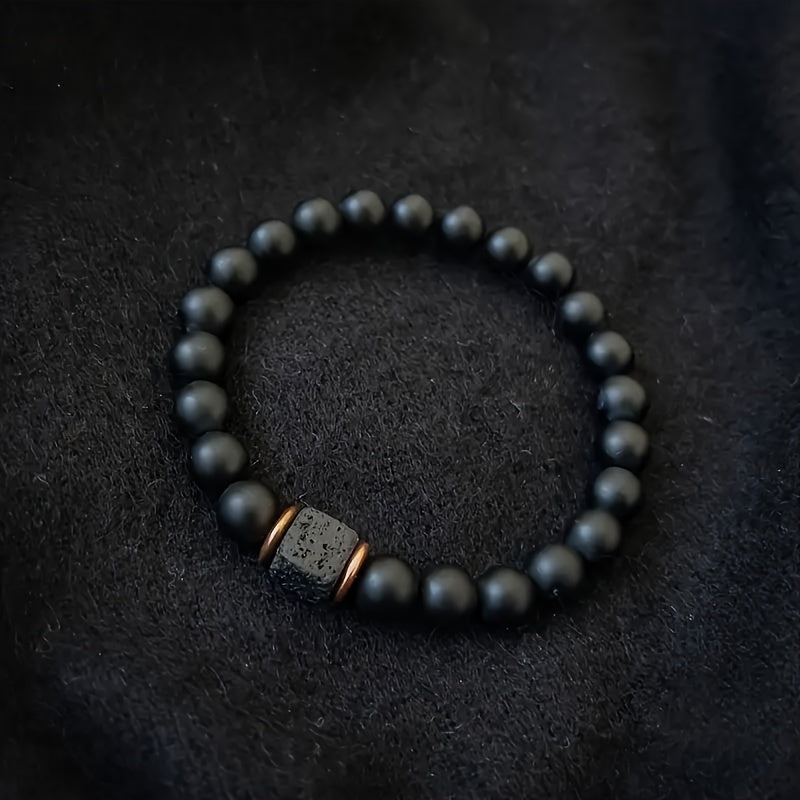 1pc Authentic Mens Volcanic Stone Bracelet - Porous Black Agate, Sleek & Stylish Jewelry For The Modern Gentleman