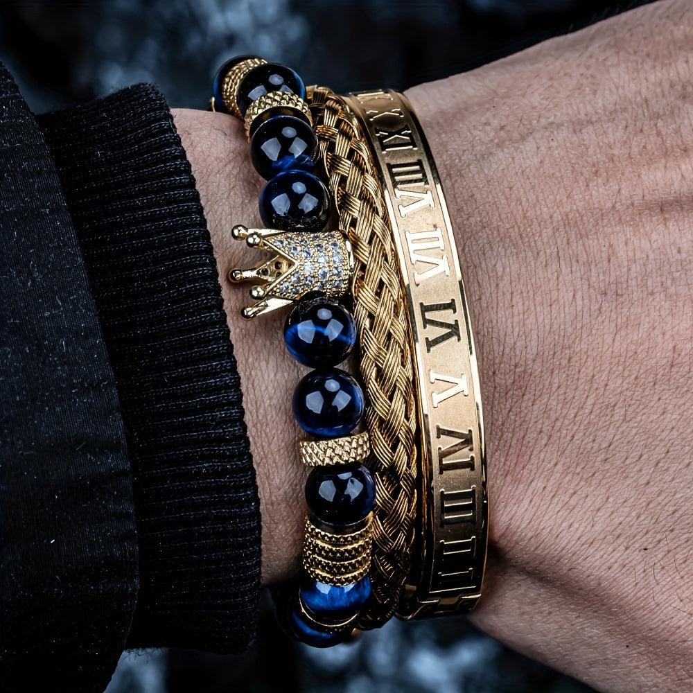 3pcs Roman Royal Crown Charm Men Bracelet, Stainless Steel Tiger's Eye Stone Geometry Open Adjustable Bracelets Couple Jewelry
