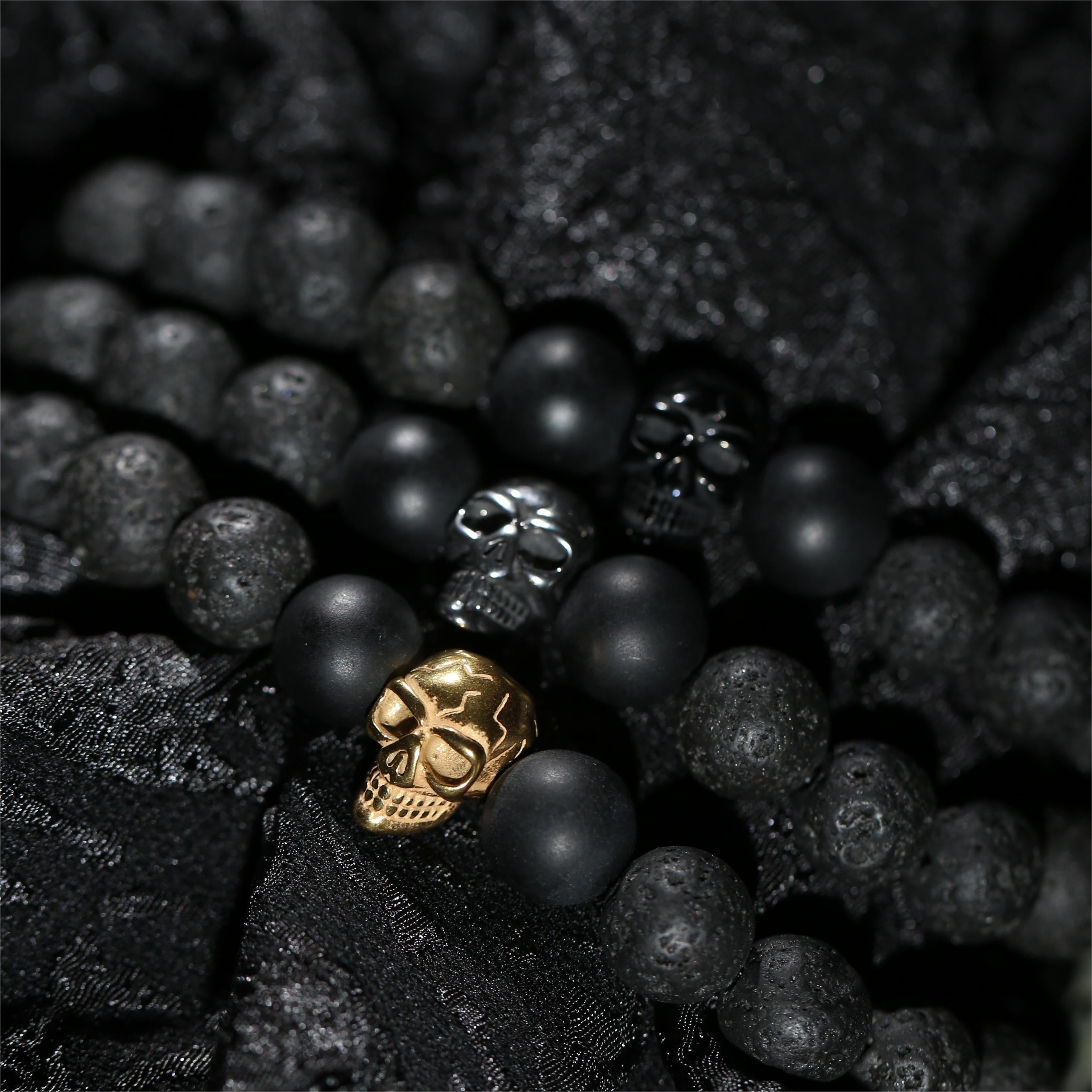 100% Handmade, Natural Black Agate Volcanic Stone Skull Bracelet, Available in Golden/Silver/Black, 10mm Beads, With Gift Box, Your Unisex Jewelry, Punk Style, Perfect Gift for Him/Her, Suitable for Anniversaries/Valentine's