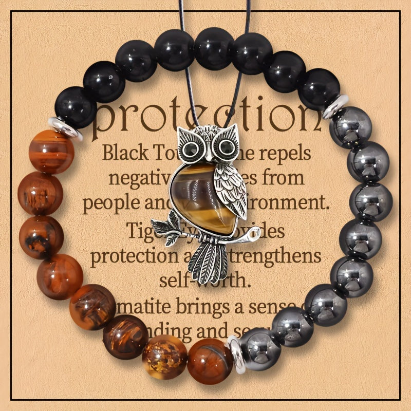 2-Piece Women's Vintage Luxury Jewelry Set - Natural Stone Protection Necklace with Black Tourmaline, Tiger Eye, and Obsidian - Energy Cleansing, Focus Enhancing, Suitable for Daily Wear and Gift-Giving