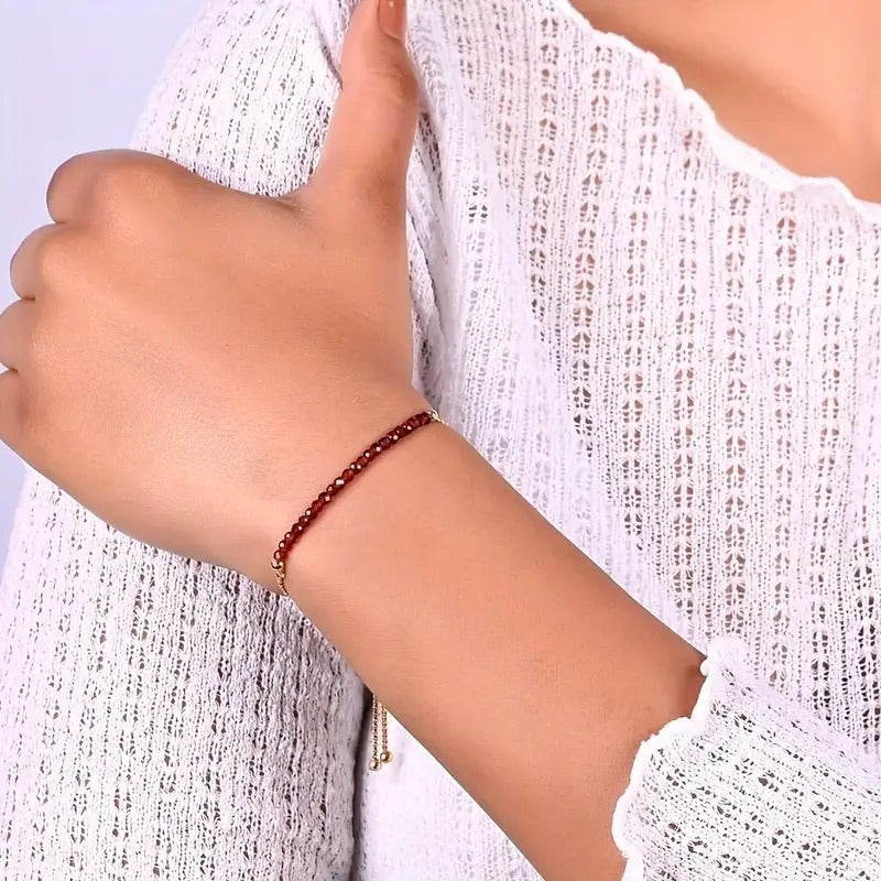 January Birthstone Bracelet for Women – Red Garnet Beaded Bolo Bracelet (6-9 inches Adjustable Length)