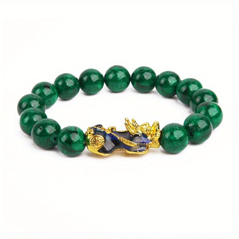 1pc Golden Pixiu Bracelet for Wealth and Luck - Unisex Malachite Stone Beads Wristband with Blessing Amulet and Jade Beads - Perfect Gift for Men and Women