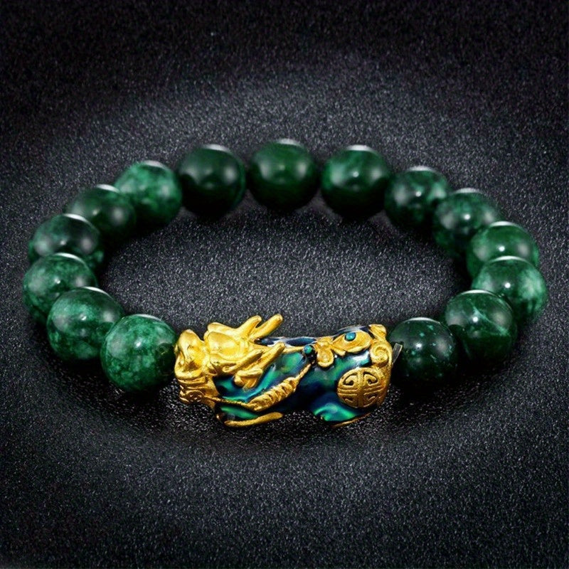 1pc Golden Pixiu Bracelet for Wealth and Luck - Unisex Malachite Stone Beads Wristband with Blessing Amulet and Jade Beads - Perfect Gift for Men and Women