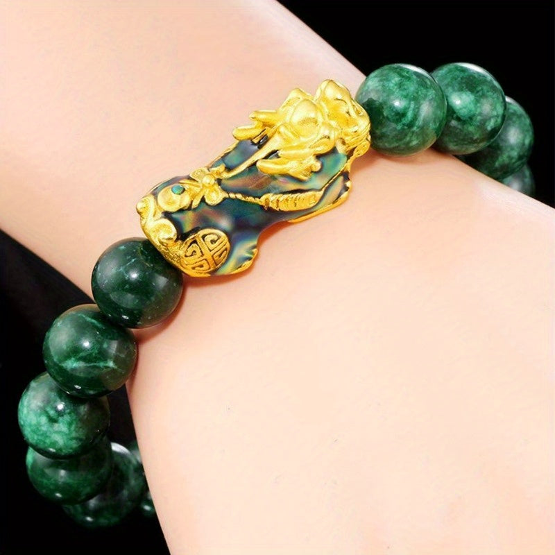 1pc Golden Pixiu Bracelet for Wealth and Luck - Unisex Malachite Stone Beads Wristband with Blessing Amulet and Jade Beads - Perfect Gift for Men and Women