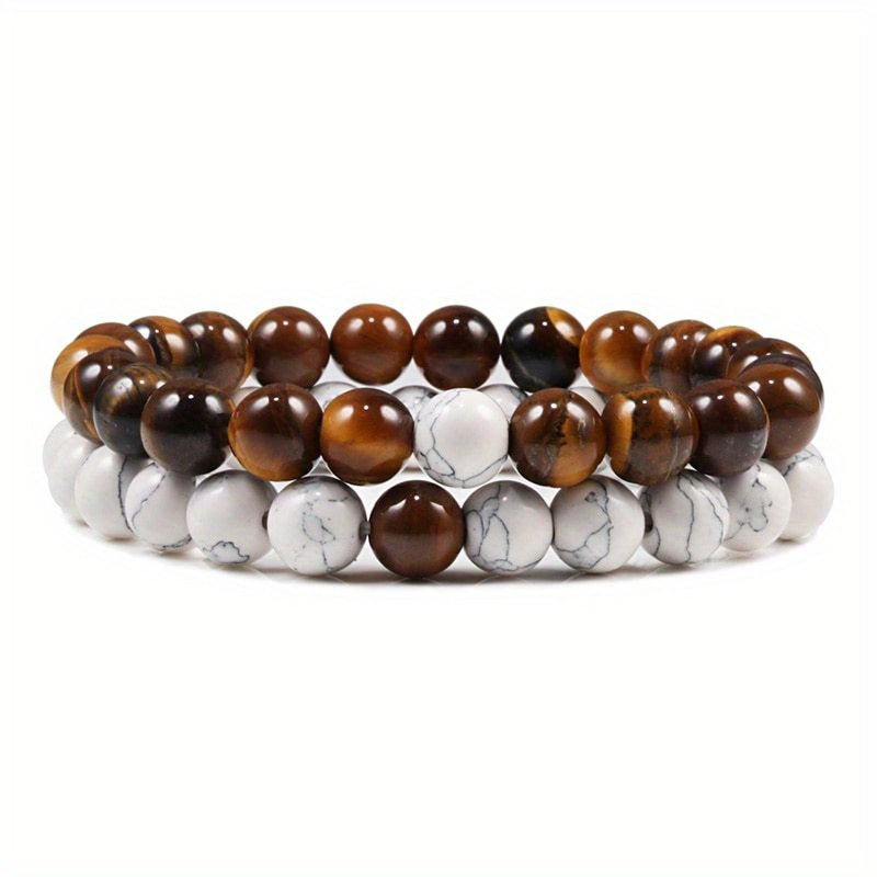 2pcs/set Men & Women's 2-Piece 8mm Stone Beaded Bracelet Set