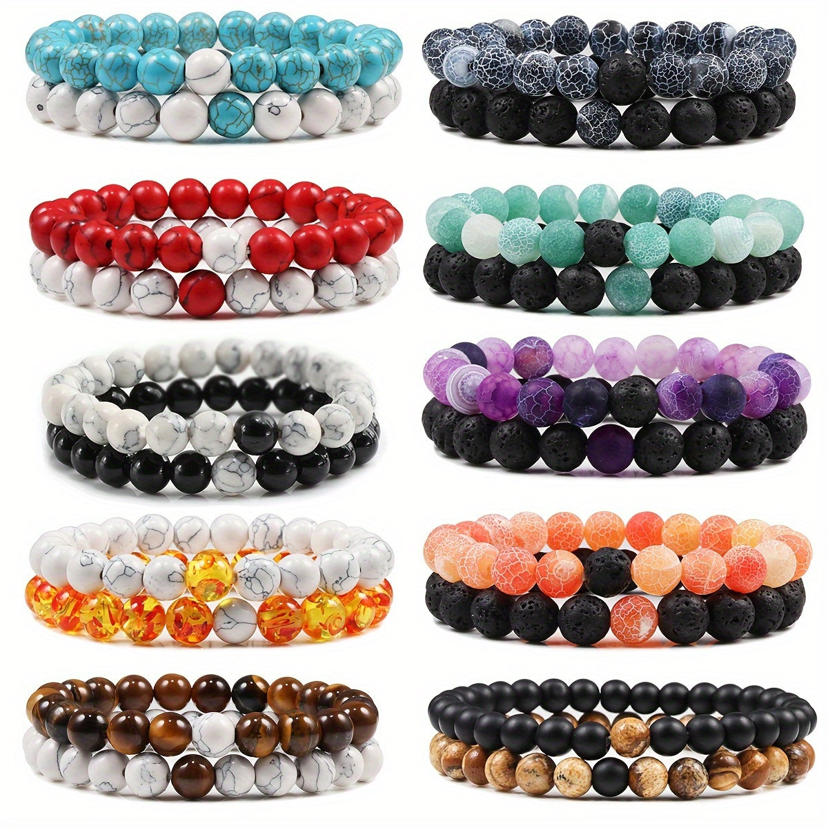 2pcs/set Men & Women's 2-Piece 8mm Stone Beaded Bracelet Set