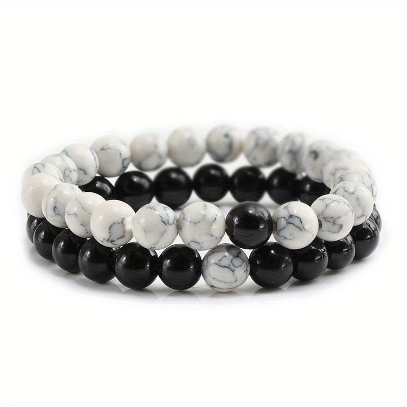 2pcs/set Men & Women's 2-Piece 8mm Stone Beaded Bracelet Set