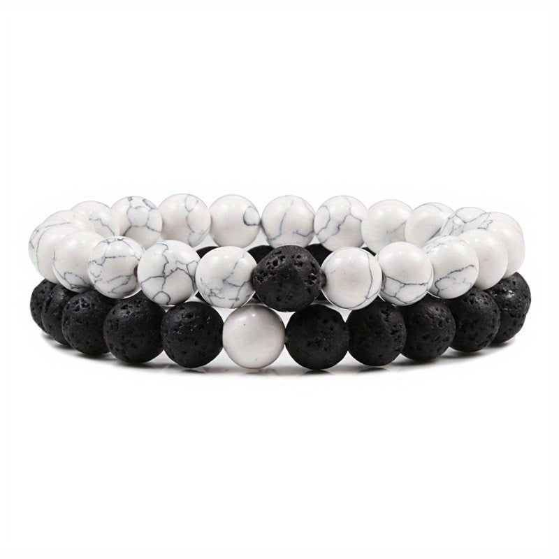 2pcs/set Men & Women's 2-Piece 8mm Stone Beaded Bracelet Set