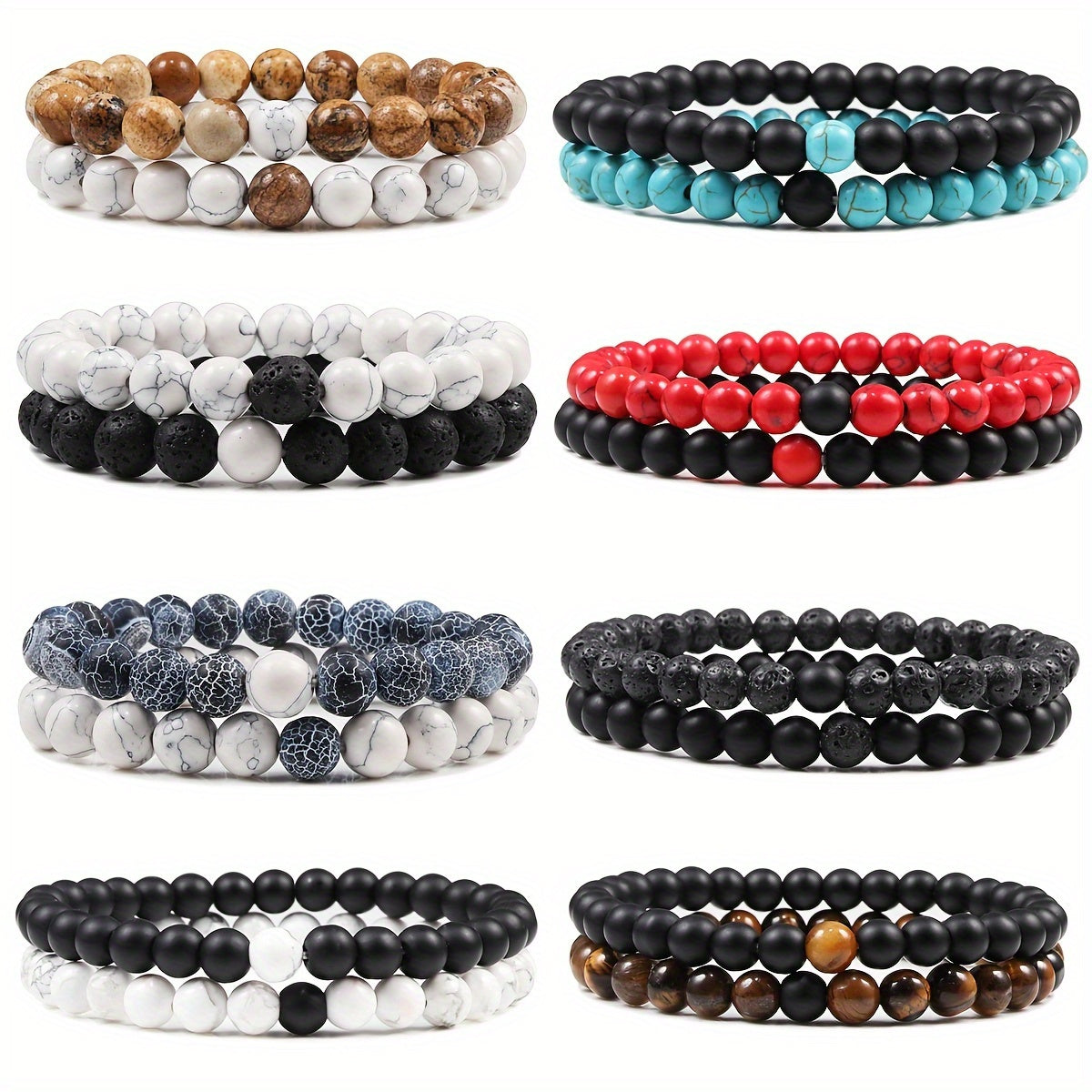 2pcs/set Men & Women's 2-Piece 8mm Stone Beaded Bracelet Set