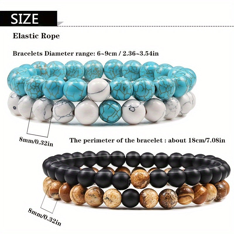 2pcs/set Men & Women's 2-Piece 8mm Stone Beaded Bracelet Set