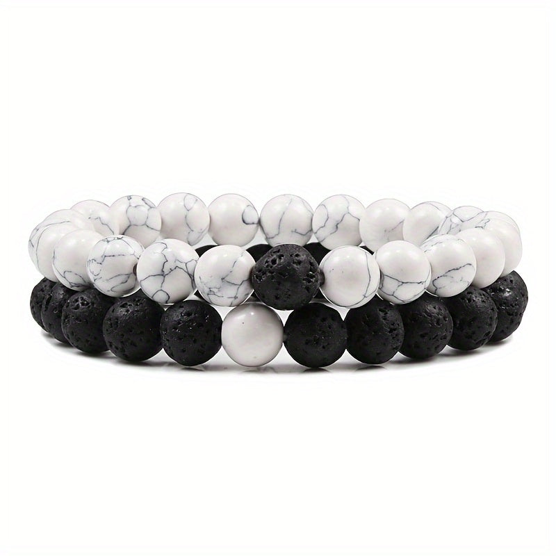 2pcs/set Men & Women's 2-Piece 8mm Stone Beaded Bracelet Set