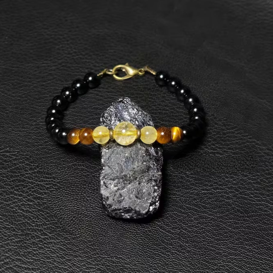 1pc Black Tourmaline Tiger Eye & Citrine Bracelet - 6mm Chakra Adjustable Wrist Jewelry For Men Women
