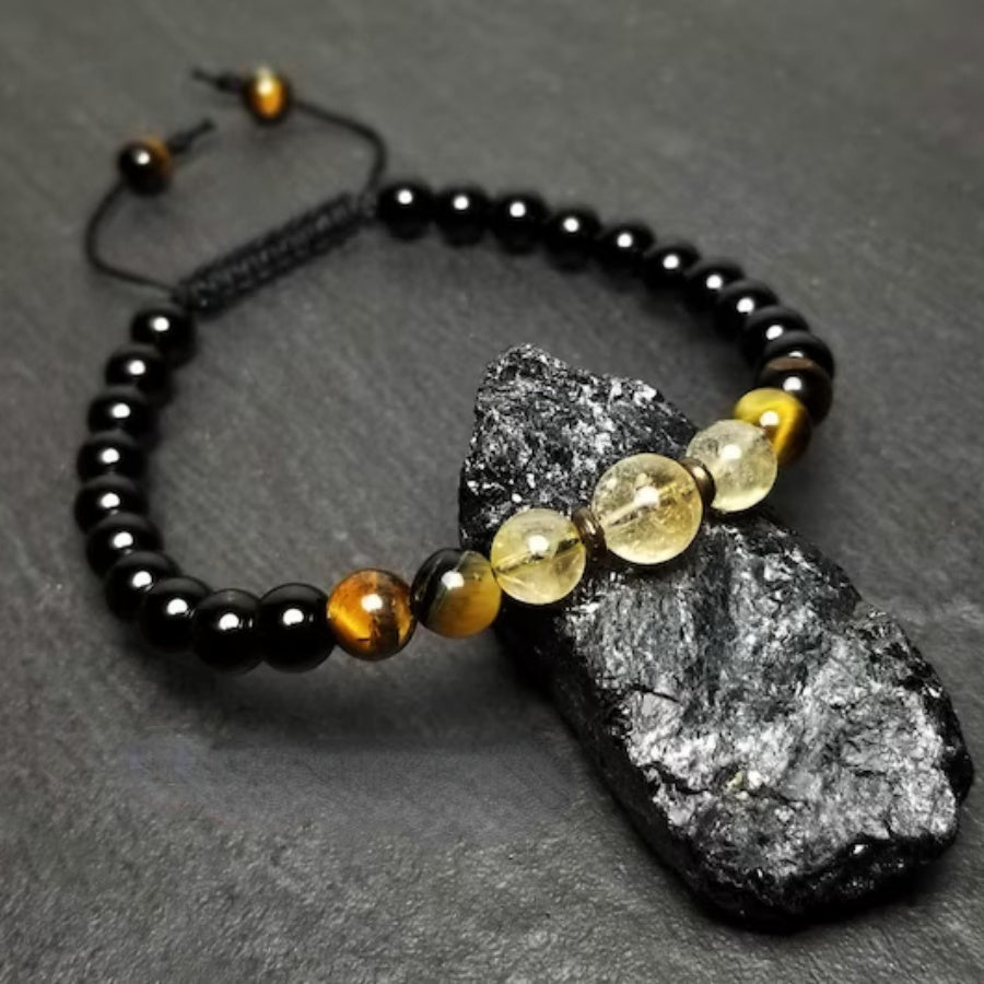 1pc Black Tourmaline Tiger Eye & Citrine Bracelet - 6mm Chakra Adjustable Wrist Jewelry For Men Women