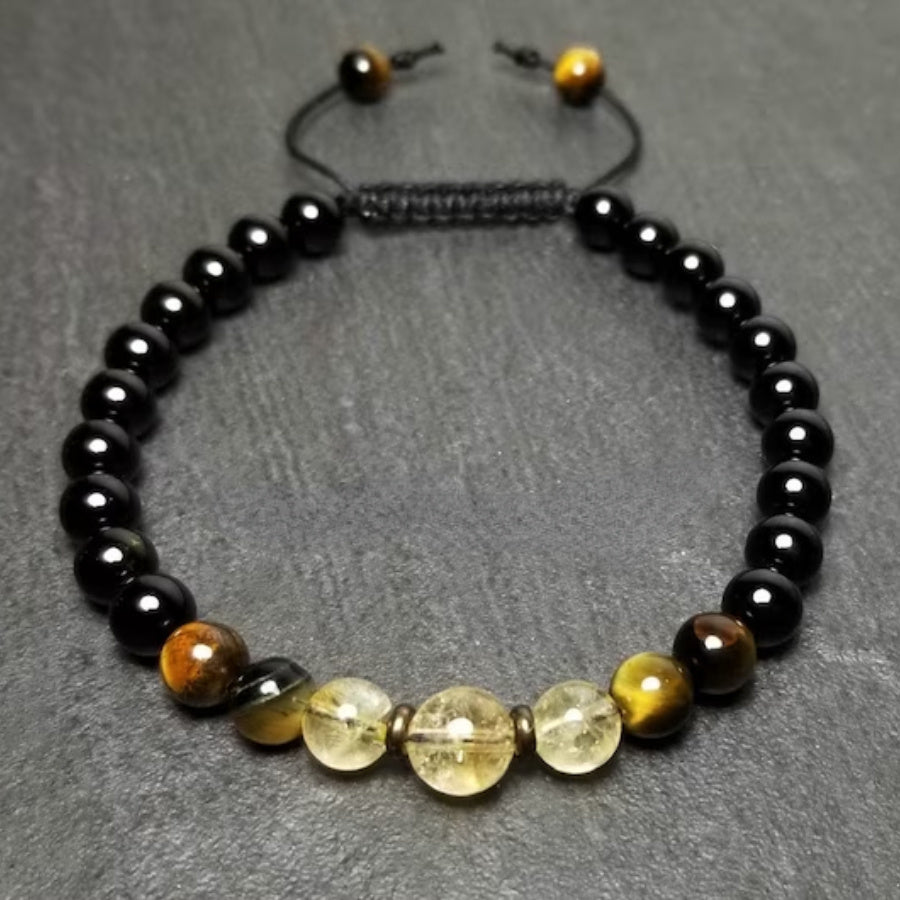 1pc Black Tourmaline Tiger Eye & Citrine Bracelet - 6mm Chakra Adjustable Wrist Jewelry For Men Women