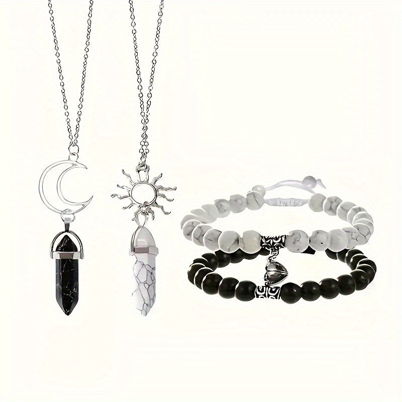 4pcs Set Of Jade Jewelry Featuring Sun And Moon Synthetic Stone, Hexagonal Crystal Couple Necklace, Charm Bracelet, And Lucky Multi-layer Necklace For Men