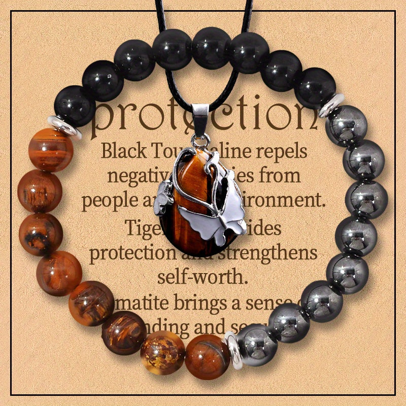 2-Piece Women's Vintage Luxury Jewelry Set - Natural Stone Protection Necklace with Black Tourmaline, Tiger Eye, and Obsidian - Energy Cleansing, Focus Enhancing, Suitable for Daily Wear and Gift-Giving
