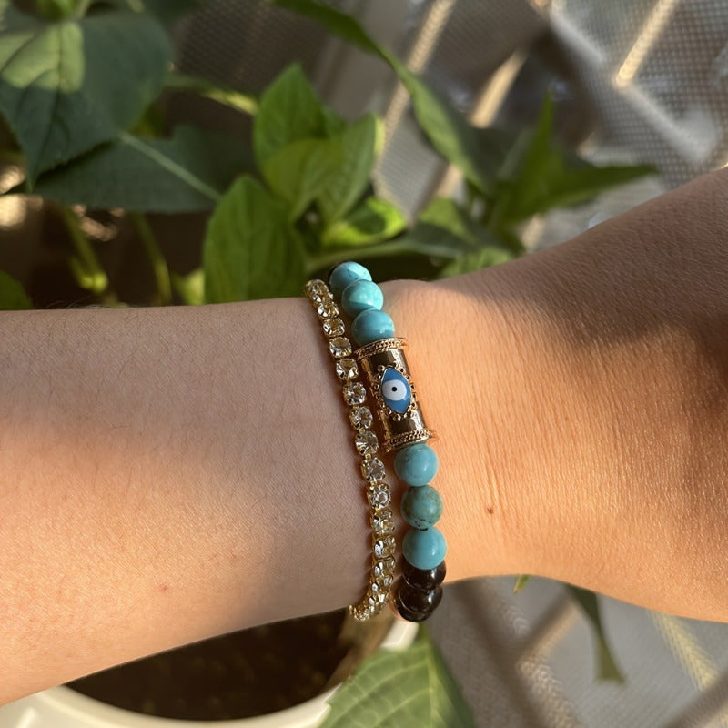 Elegant anti evil eye bracelet: natural stone beads, black agate, and turquoise - protect your aura from negative energy - women's bohemian style jewelry gift
