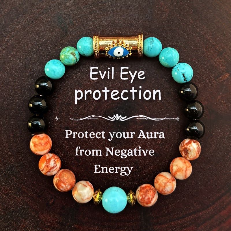 Elegant anti evil eye bracelet: natural stone beads, black agate, and turquoise - protect your aura from negative energy - women's bohemian style jewelry gift