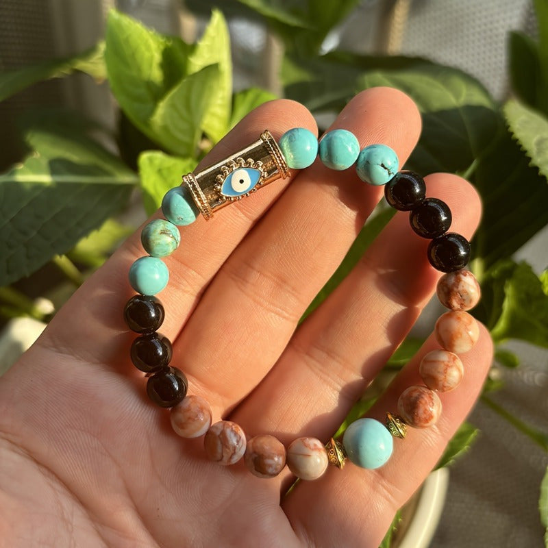 Elegant anti evil eye bracelet: natural stone beads, black agate, and turquoise - protect your aura from negative energy - women's bohemian style jewelry gift
