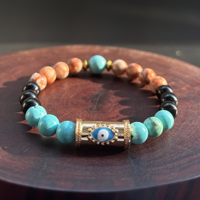 Elegant anti evil eye bracelet: natural stone beads, black agate, and turquoise - protect your aura from negative energy - women's bohemian style jewelry gift