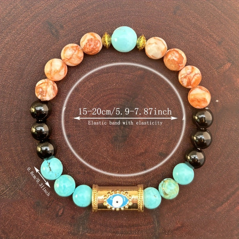 Elegant anti evil eye bracelet: natural stone beads, black agate, and turquoise - protect your aura from negative energy - women's bohemian style jewelry gift