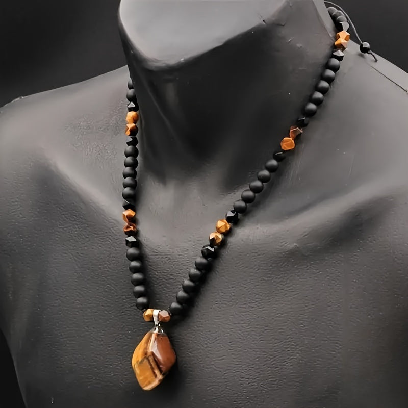 8mm Tiger Eye Pendant Necklace - Adjustable Black Agate Beaded Long Chain Necklace for Men, Unique Christmas Gift Ideas, Natural Stone Jewelry