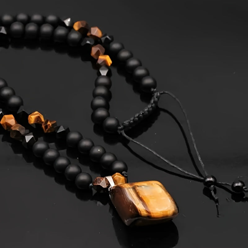 8mm Tiger Eye Pendant Necklace - Adjustable Black Agate Beaded Long Chain Necklace for Men, Unique Christmas Gift Ideas, Natural Stone Jewelry