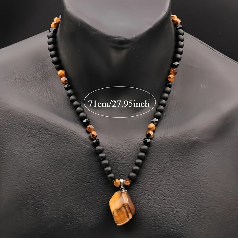 8mm Tiger Eye Pendant Necklace - Adjustable Black Agate Beaded Long Chain Necklace for Men, Unique Christmas Gift Ideas, Natural Stone Jewelry
