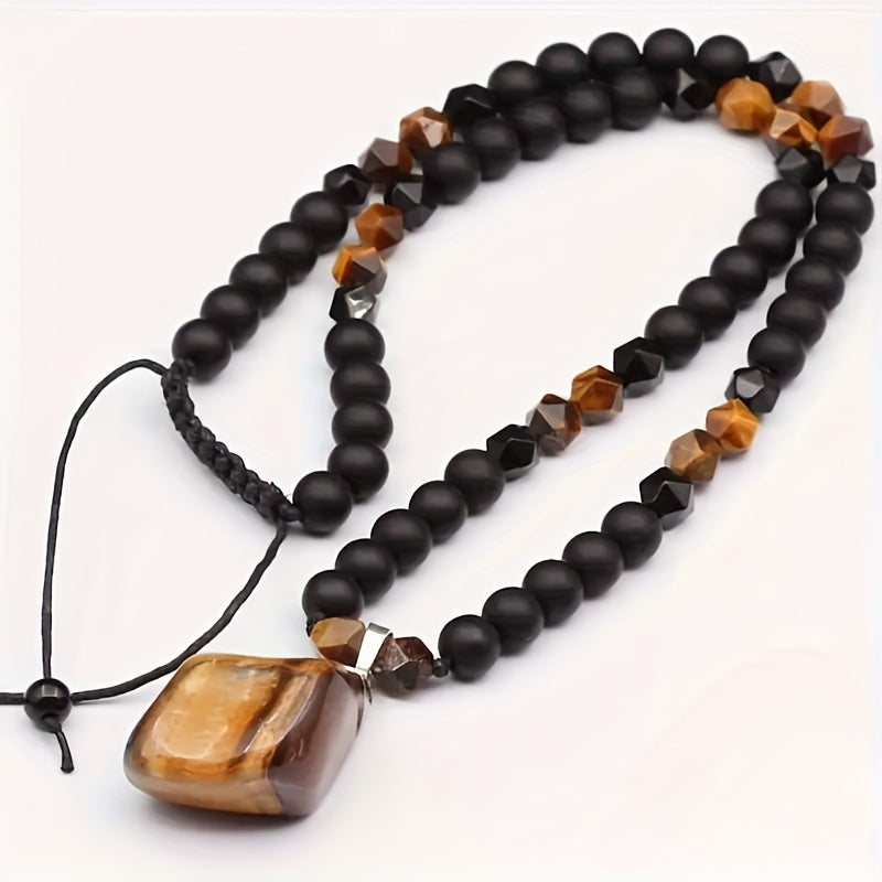 8mm Tiger Eye Pendant Necklace - Adjustable Black Agate Beaded Long Chain Necklace for Men, Unique Christmas Gift Ideas, Natural Stone Jewelry