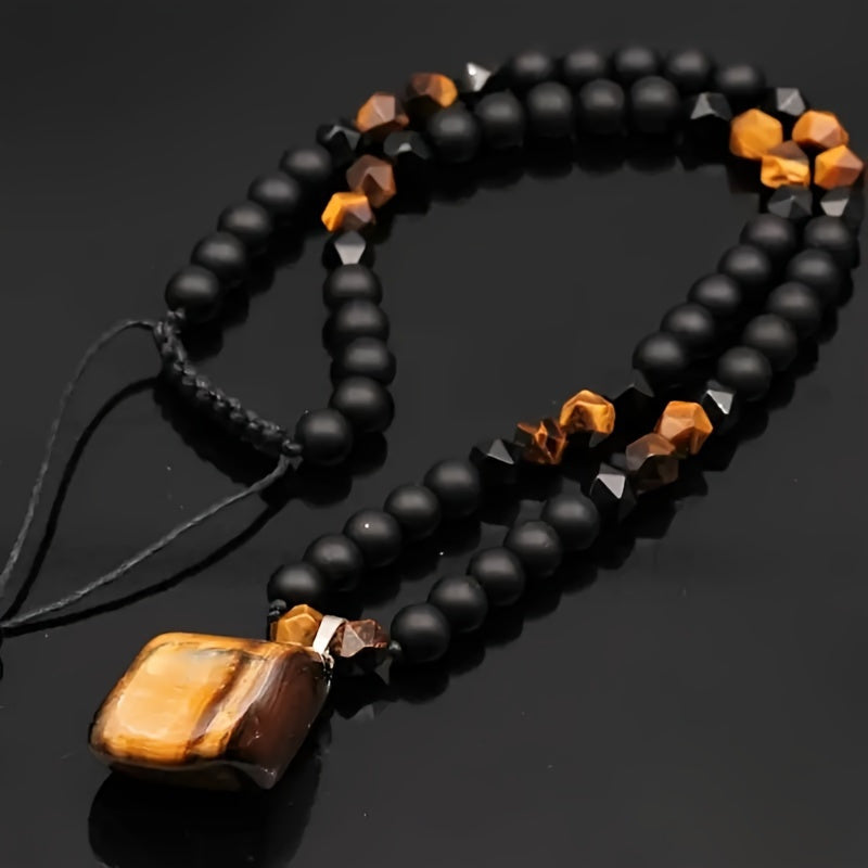 8mm Tiger Eye Pendant Necklace - Adjustable Black Agate Beaded Long Chain Necklace for Men, Unique Christmas Gift Ideas, Natural Stone Jewelry