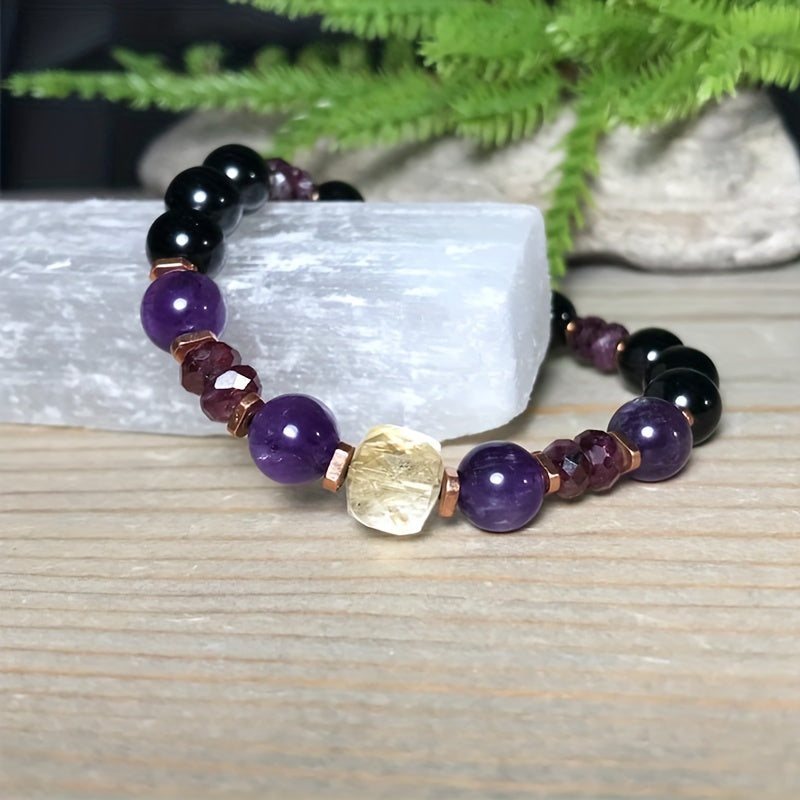 Attract Money Citrine Empathy Protection Bracelet Garnet Black Tourmaline Amethyst Bracelet Successful Healing Relief Stress Jewelry Gift