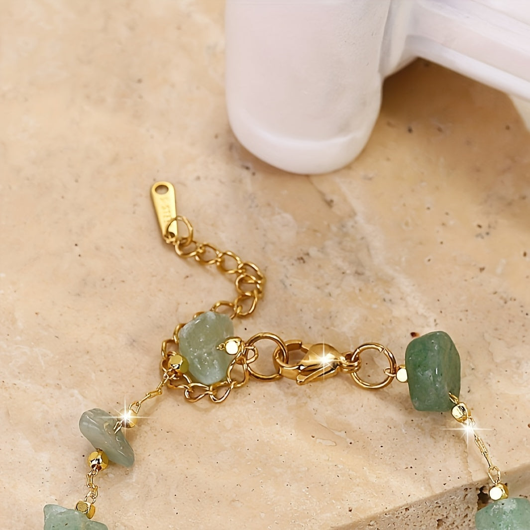 1 Bohemian Beach-Inspired Double-Layer Green Stone Bracelet - Vintage Luxury Stainless Steel with Irregular Beads, Adjustable Clasp - Ideal for Parties & Gifts, Beach Accessories