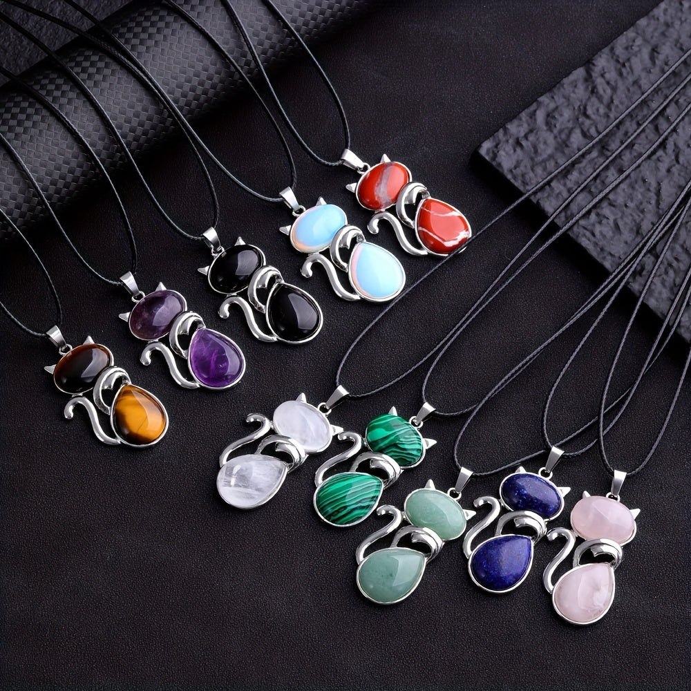 1pc Exquisite Artificial Crystal Stone Cat-Shaped Pendant Necklace, Fashion Jewelry Chain Accessory