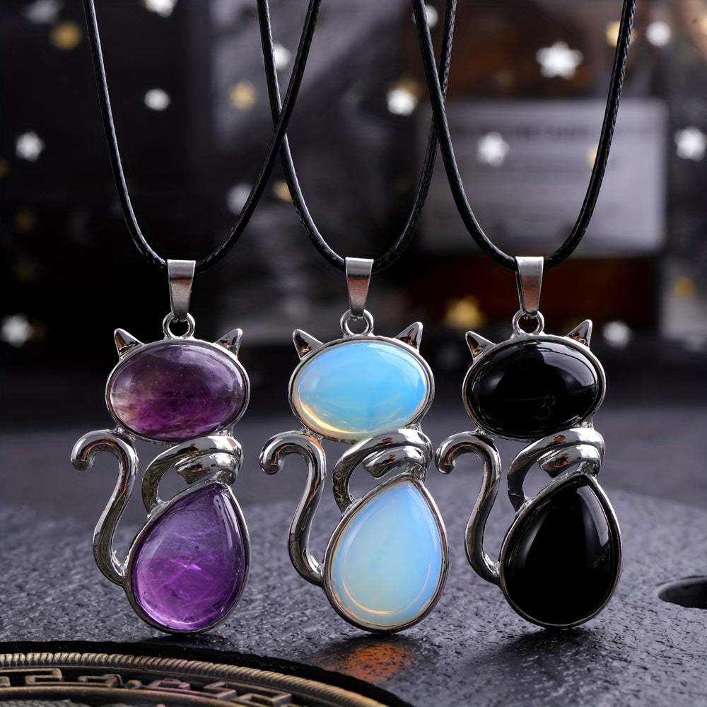 1pc Exquisite Artificial Crystal Stone Cat-Shaped Pendant Necklace, Fashion Jewelry Chain Accessory