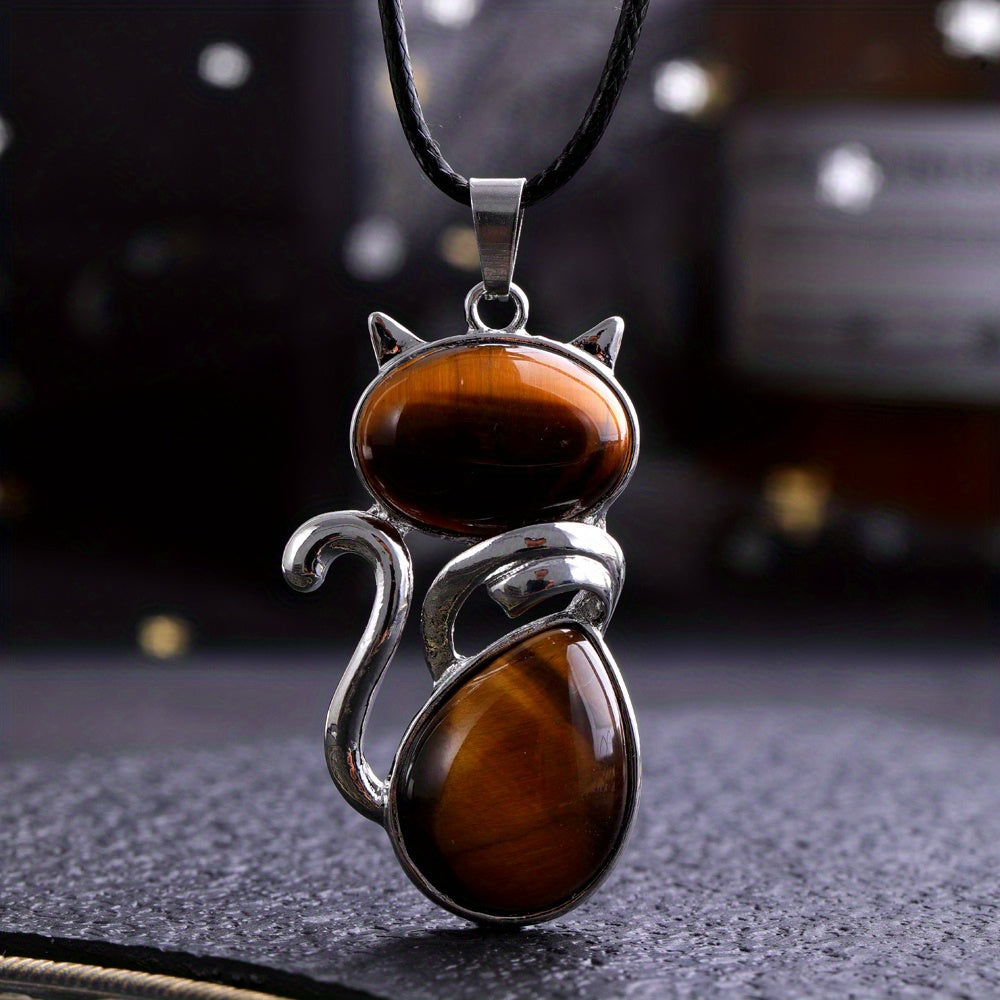 1pc Exquisite Artificial Crystal Stone Cat-Shaped Pendant Necklace, Fashion Jewelry Chain Accessory