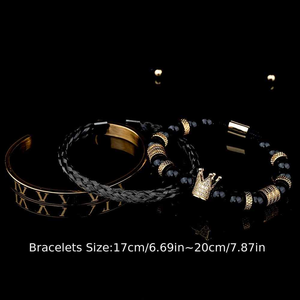 3pcs Roman Royal Crown Charm Men Bracelet, Stainless Steel Tiger's Eye Stone Geometry Open Adjustable Bracelets Couple Jewelry