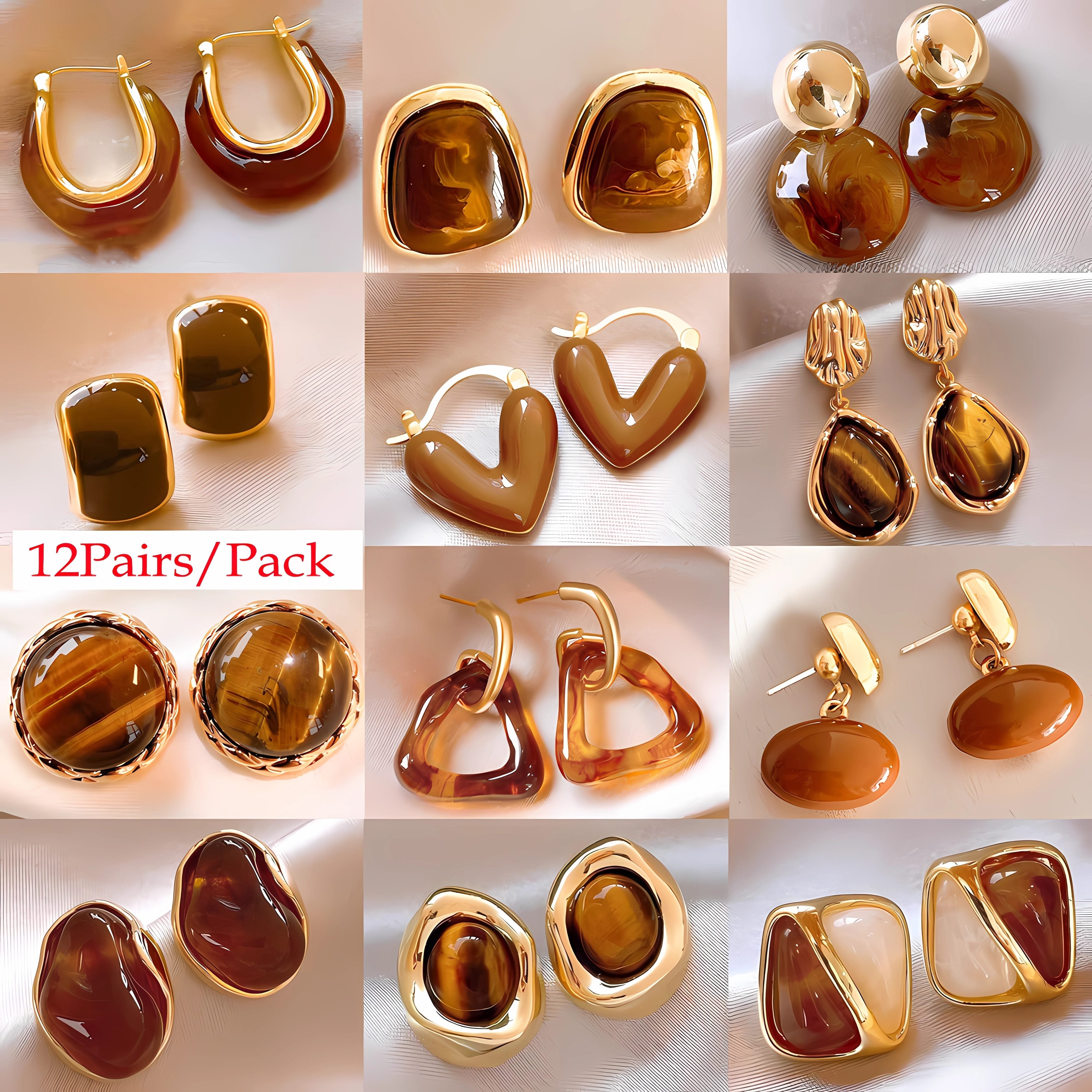 12 Pairs Amber Faux Cat Eye Stone Earrings, Ear Hooks, French Fashion Autumn And Winter Earrings, Banquet Bridesmaid Wedding Earrings, Good Gifts For Chirstmas, Wedding Anniversary Date