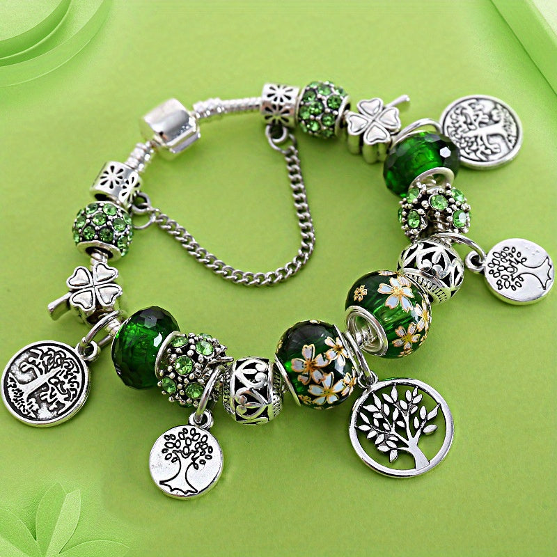 Stunning Silvery Tree of Life Green Bead Bracelet -  Elegant & Symbolic -  Green Beads & Silver - Perfect Valentine's Gift for Her